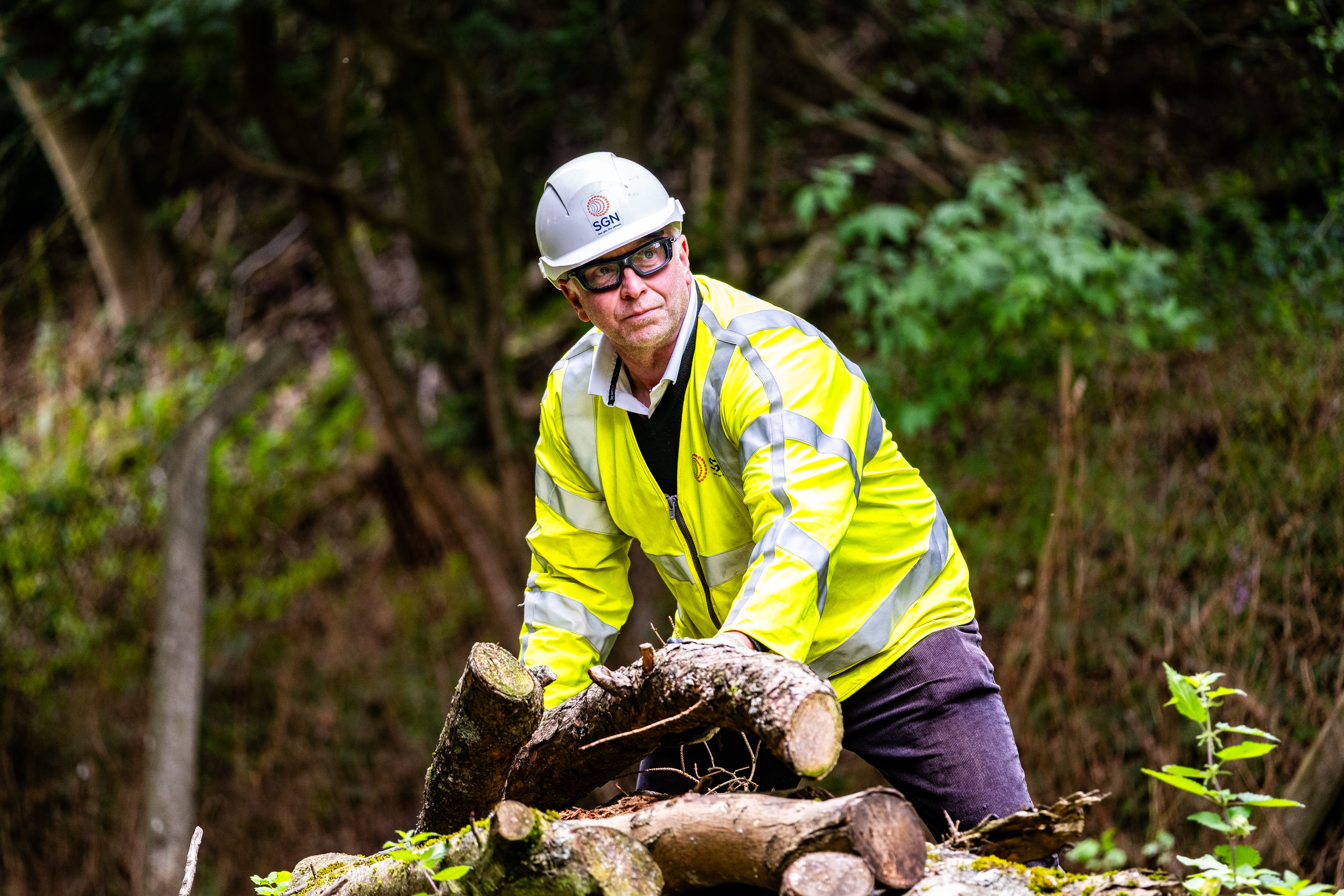 SGN employee in personal protective clothing, moving logs in a forest environment.